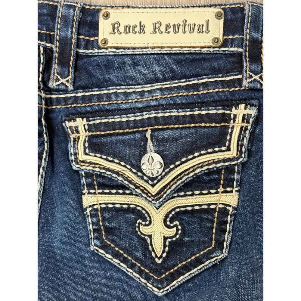 Rock Revival Jeans 27 Straight Y2K Thick Stitch Flap Pockets Designer Streetwear